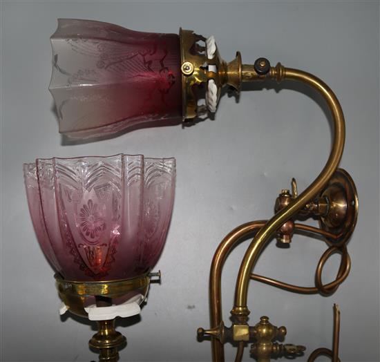 Two Victorian brass gas wall lamps with shades